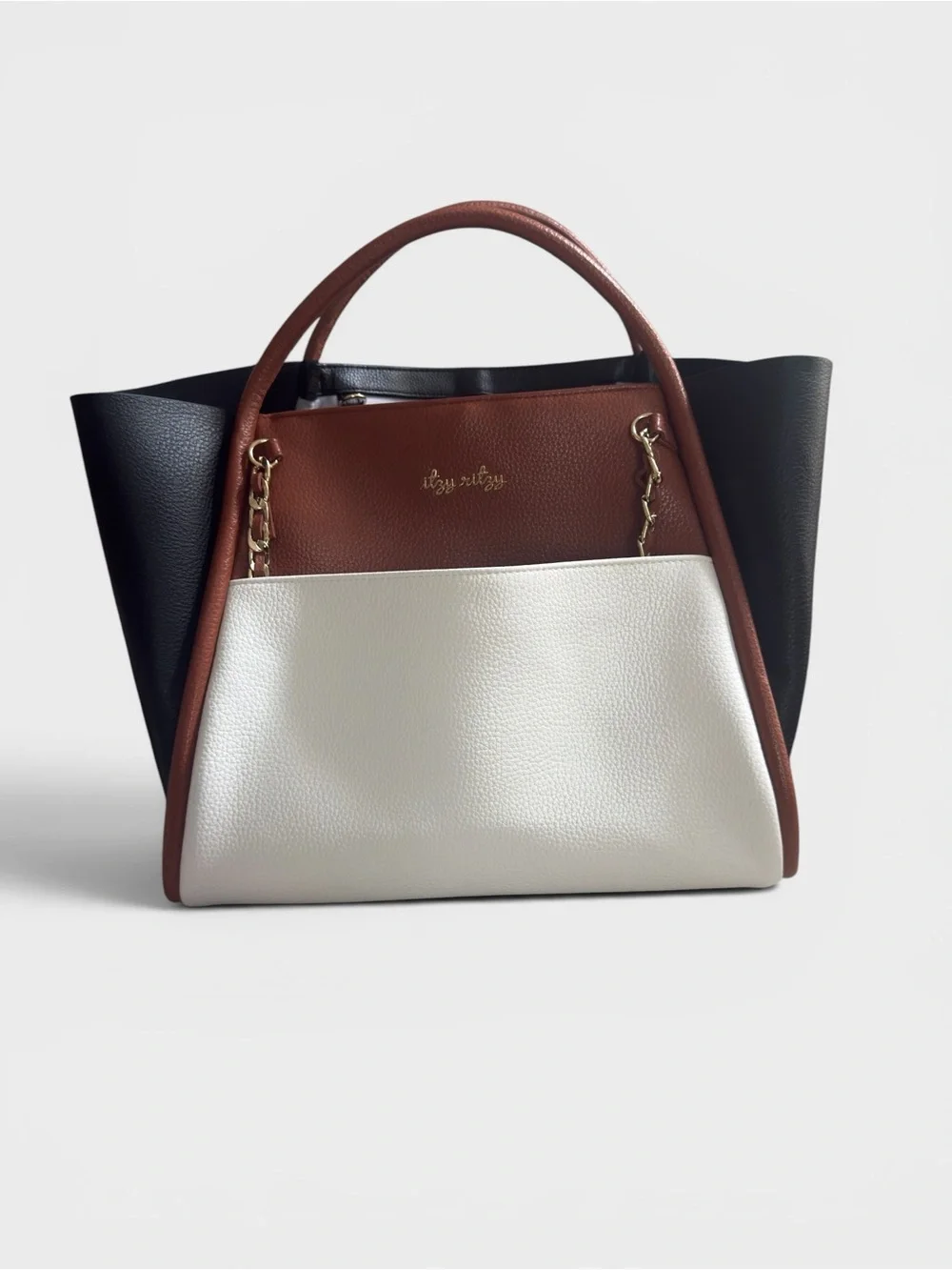 Itzy Ritzy Tri-Panel Tote in Black, Brown & White